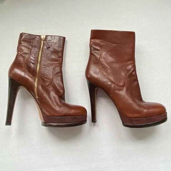 Nine West Addlana leather boots platform spike heel ankle zip round toe brown - Picture 13 of 13